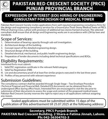 Pakistan Red Crescet Society Lahore Tender Notice